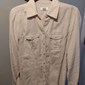 100% Linen Tan Button Down Petite Size 8 Charter Club Beach Resort Cargo Pockets